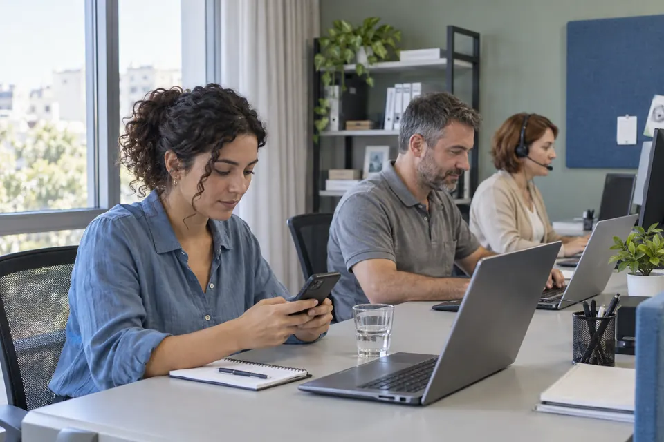 Equipo atendiendo consultas desde teléfonos y computadoras en una oficina