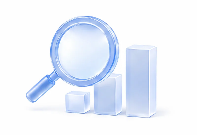 Ícono 3D de una lupa frente a un gráfico de barras