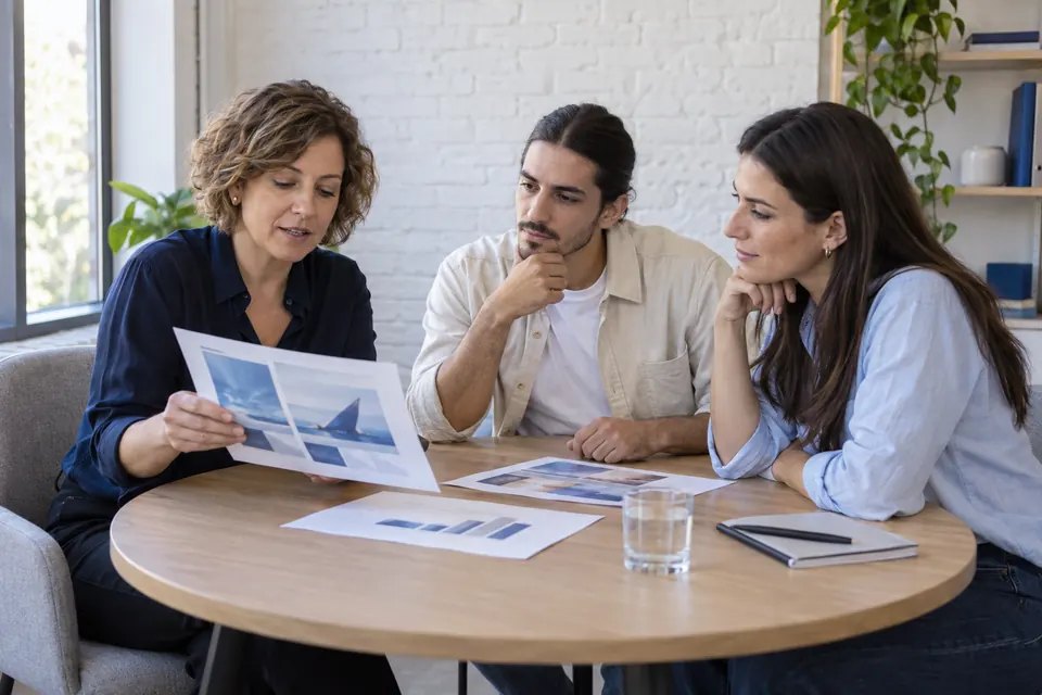 Equipo de tres personas analizando materiales y gráficos alrededor de una mesa